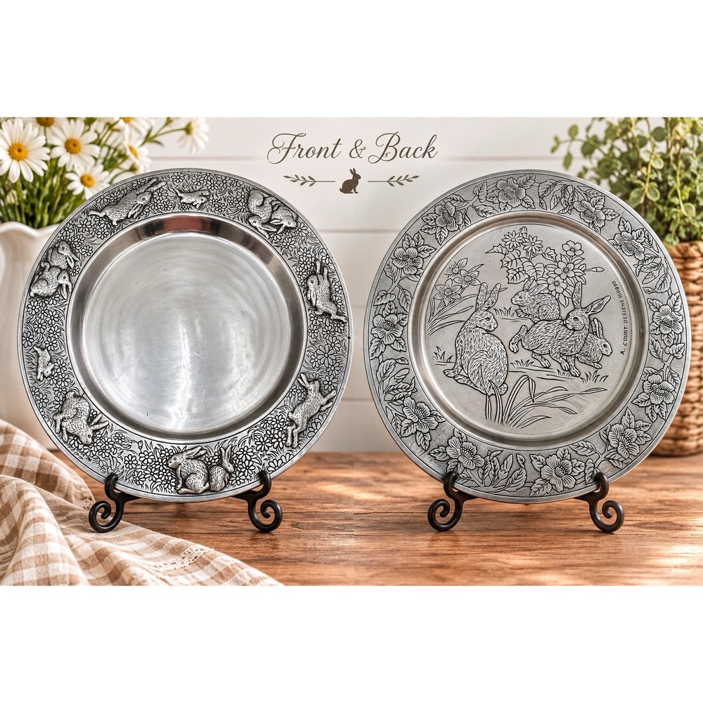 Vintage 1980 Arthur Court Bunny Rabbit 14" Round Aluminum Serving Platter Tray